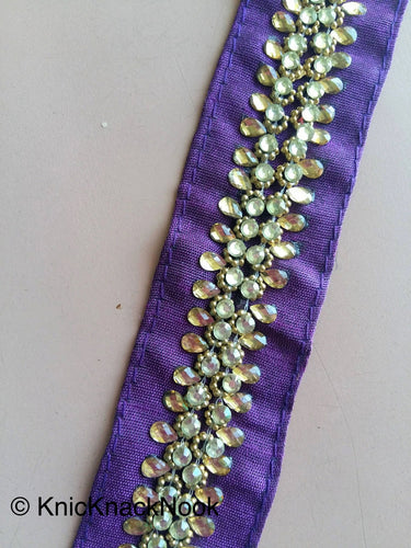 Purple / Blue / Brown Fabric Trim With Silver And Gold Kundan Beads Work, Approx. 36mm Wide - 200317L526/27/28